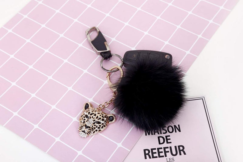Giftale Leopard with Black Fox Fur Pom Pom Keychain for Women Ball Bag Charm - Image 5